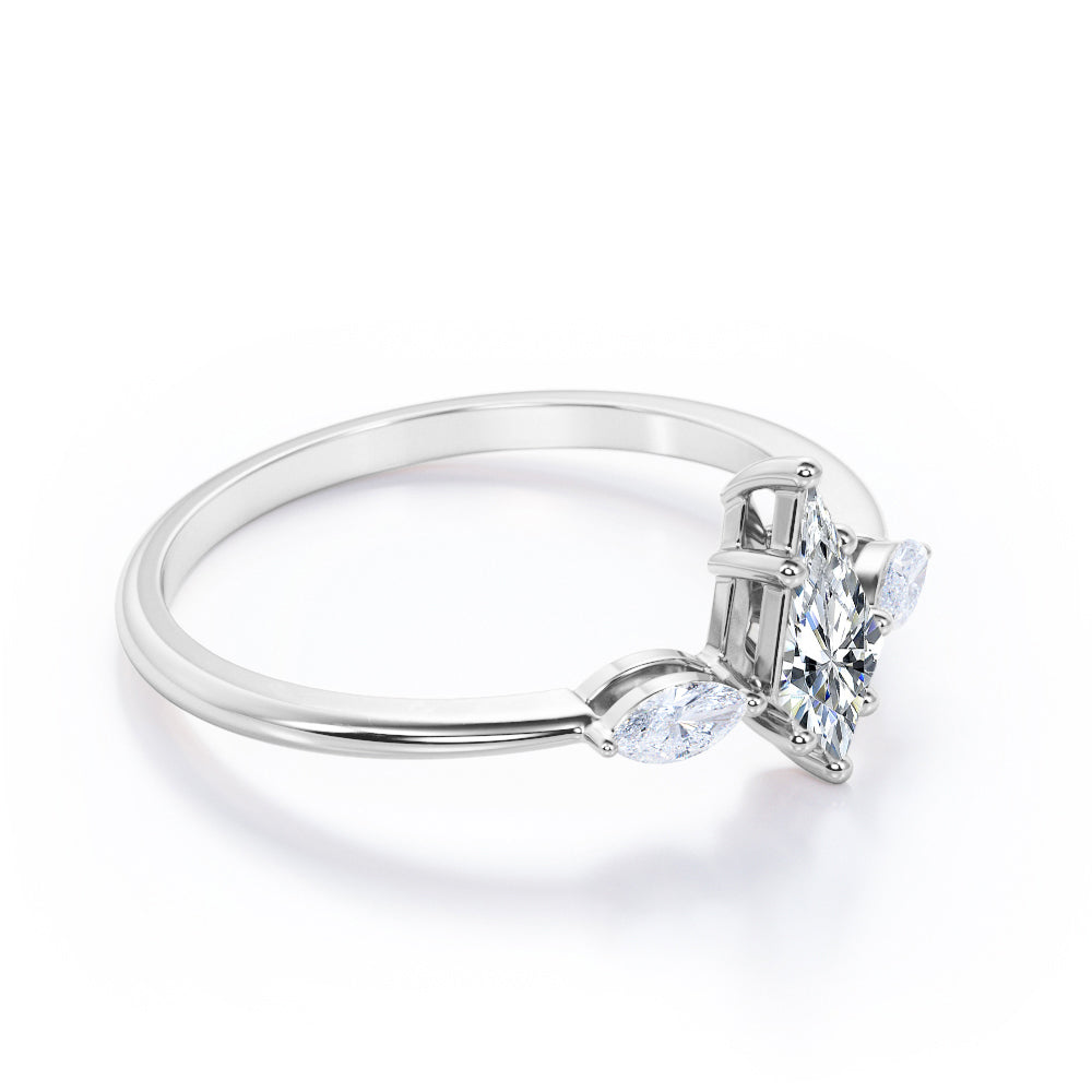 Unique 3 stone 1.1 carat Kite shaped Moissanite and marquise diamonds engagement ring in White gold