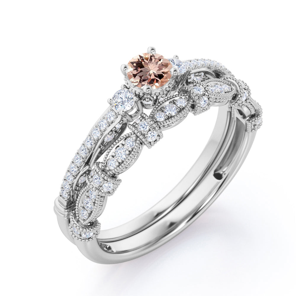 Artistic 1 carat Round cut Pink Morganite and diamond engraved art deco inspired wedding ring set in White gold