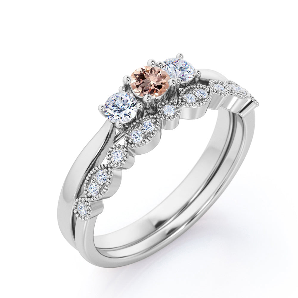 Antique Trilogy 0.8 carat Round cut Peach Pink Morganite and diamond Milgrain wedding ring set in White gold
