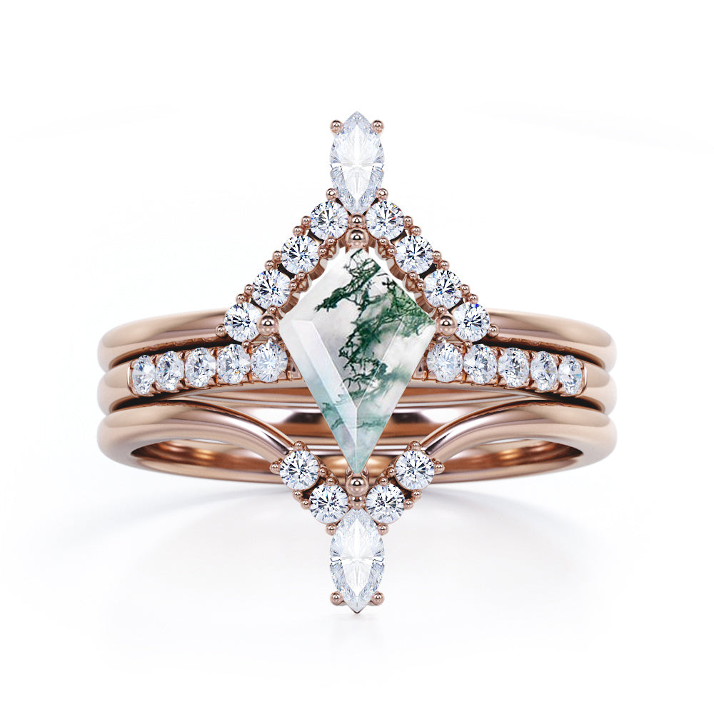 Eccentric Chevron style 1.4 carat Kite shaped Moss Green Agate and diamond trio wedding ring set for women in Rose gold