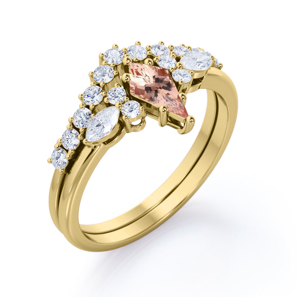Garland Chevron 1.45 carat Kite shaped Peach Morganite and diamond 6 prong Bridal wedding ring set for women in Yellow gold