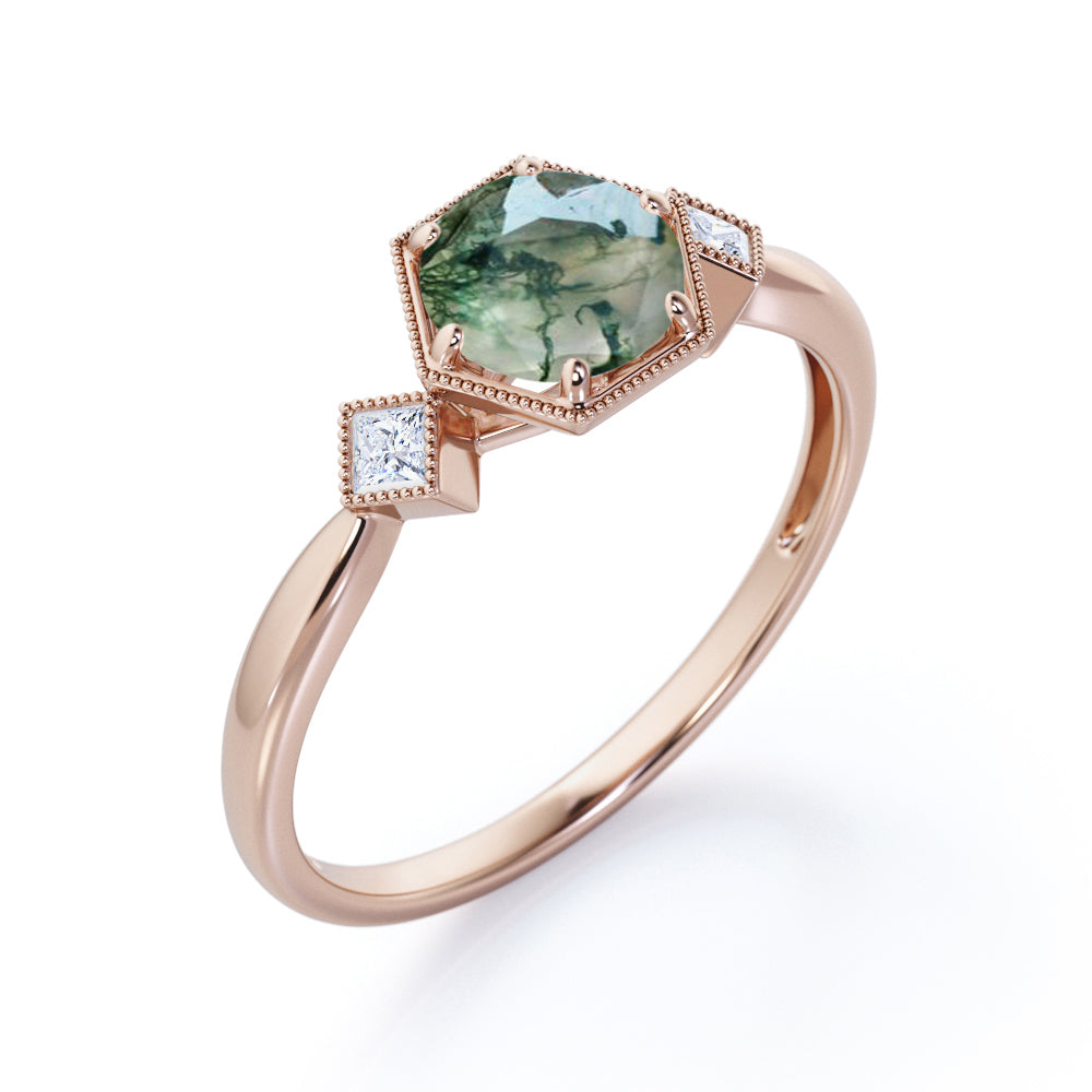Trillion Bead décor 1.1 carat Round cut Moss Green Agate and diamond tapered engagement ring in Rose gold