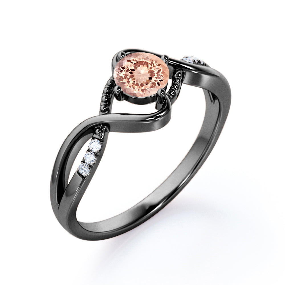Infinity Twisted 1.15 carat Round cut Morganite and diamond Milgrain anniversary ring for women in Black gold
