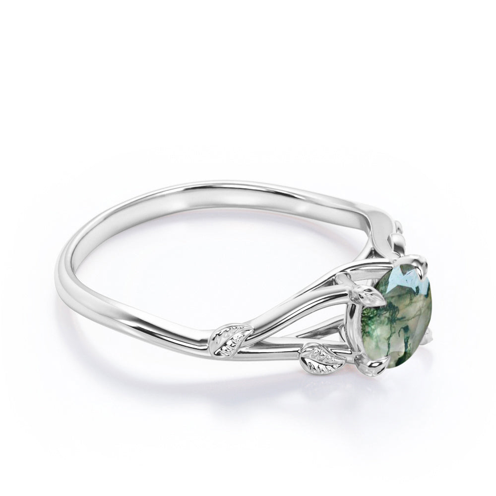 Branchlet Shank 1 carat Round cut Moss Green Agate vine and leaf engagement ring in White gold