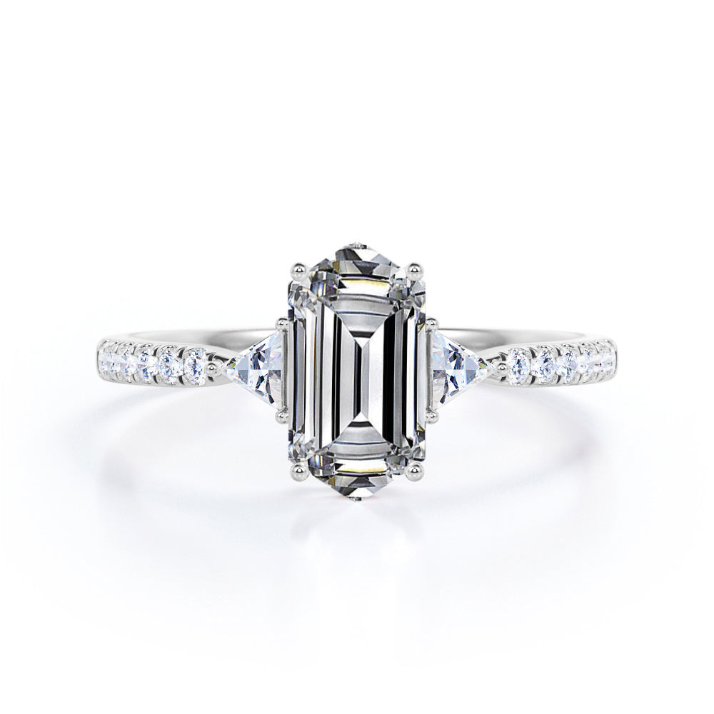 Trillion trinity 1.25 carat Hexagonal Moissanite and diamond 4 prong engagement ring in White gold