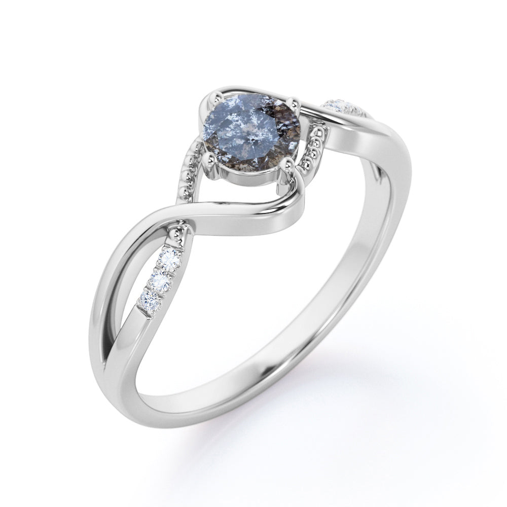 Infinity Milgrain 0.6 carat Round cut Salt and pepper diamond twisted shank engagement ring in White gold