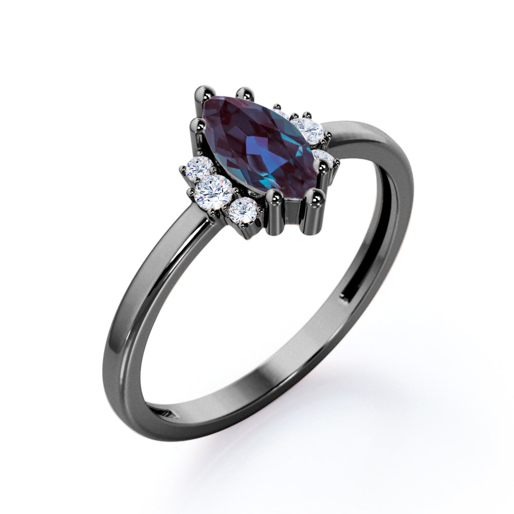 Unique 1.1 carat Marquise shaped Synthetic Alexandrite and diamond floral engagement ring in Black gold