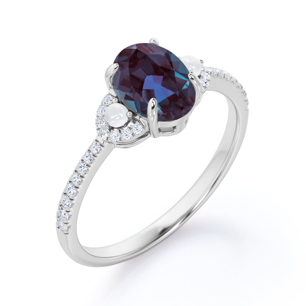 Crescent bands 1.5 carat Oval shaped Synthetic Alexandrite, diamonds and pearl engagement ring in White gold