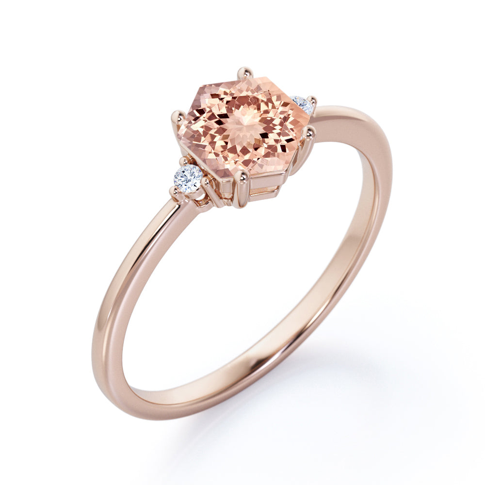 Asymmetrical Trilogy 0.55 carat Hexagon Morganite and diamond 3 stone engagement ring in Rose gold