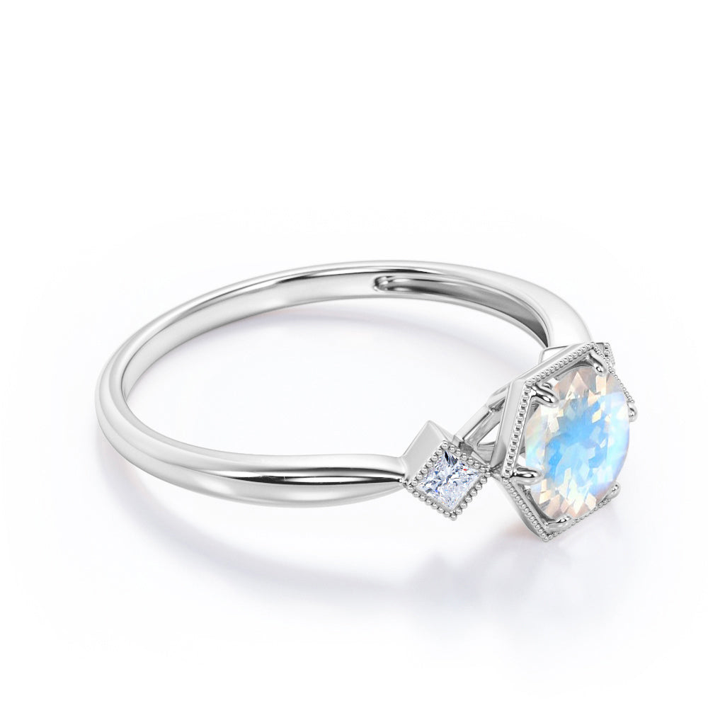 Triple Bezels 1.1 carat Round cut Moonstone and diamond Milgrain engagement ring in White gold