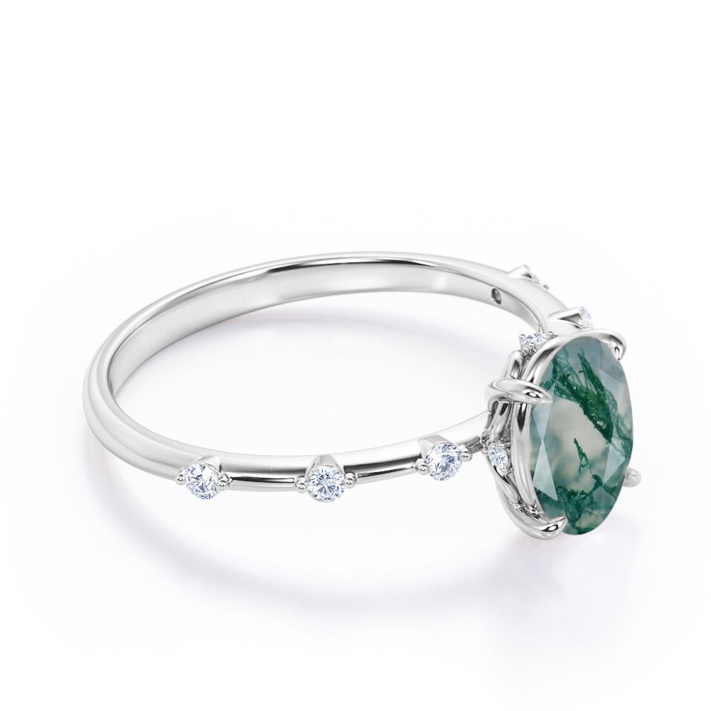 Branch Twig inspired 1.1 carat Moss Green Agate and diamond claw prong engagement ring in White gold