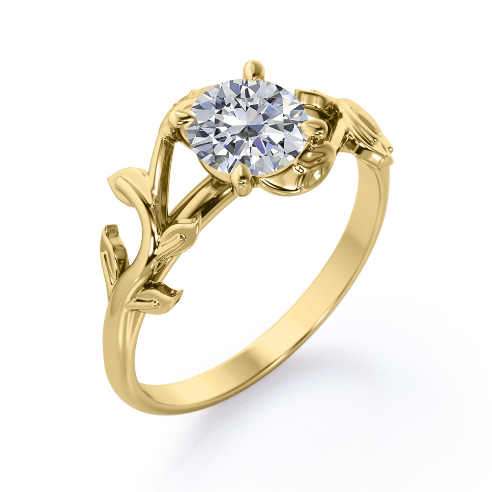 Solitaire 1 carat Round cut Moissanite prong style engagement ring yellow gold
