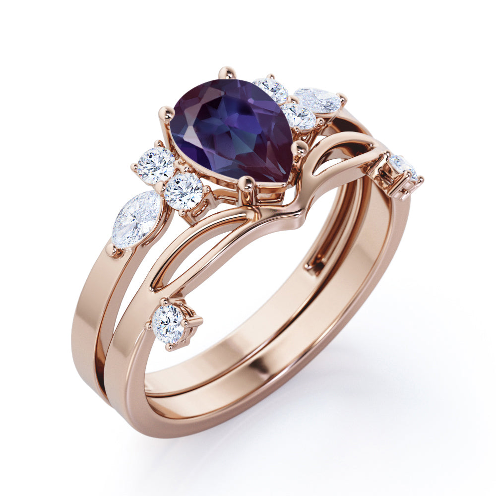 Crown inspired 1.15 carat Pear shaped Synthetic Alexandrite and diamond split shank setting-chevron wedding ring set in Rose gold