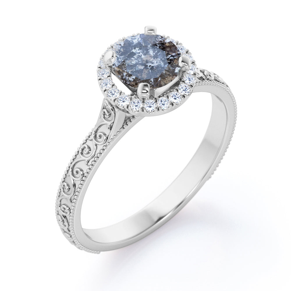 Floral filigree 0.65 carat Round cut Salt and pepper diamond and White diamond unique halo engagement ring in white gold
