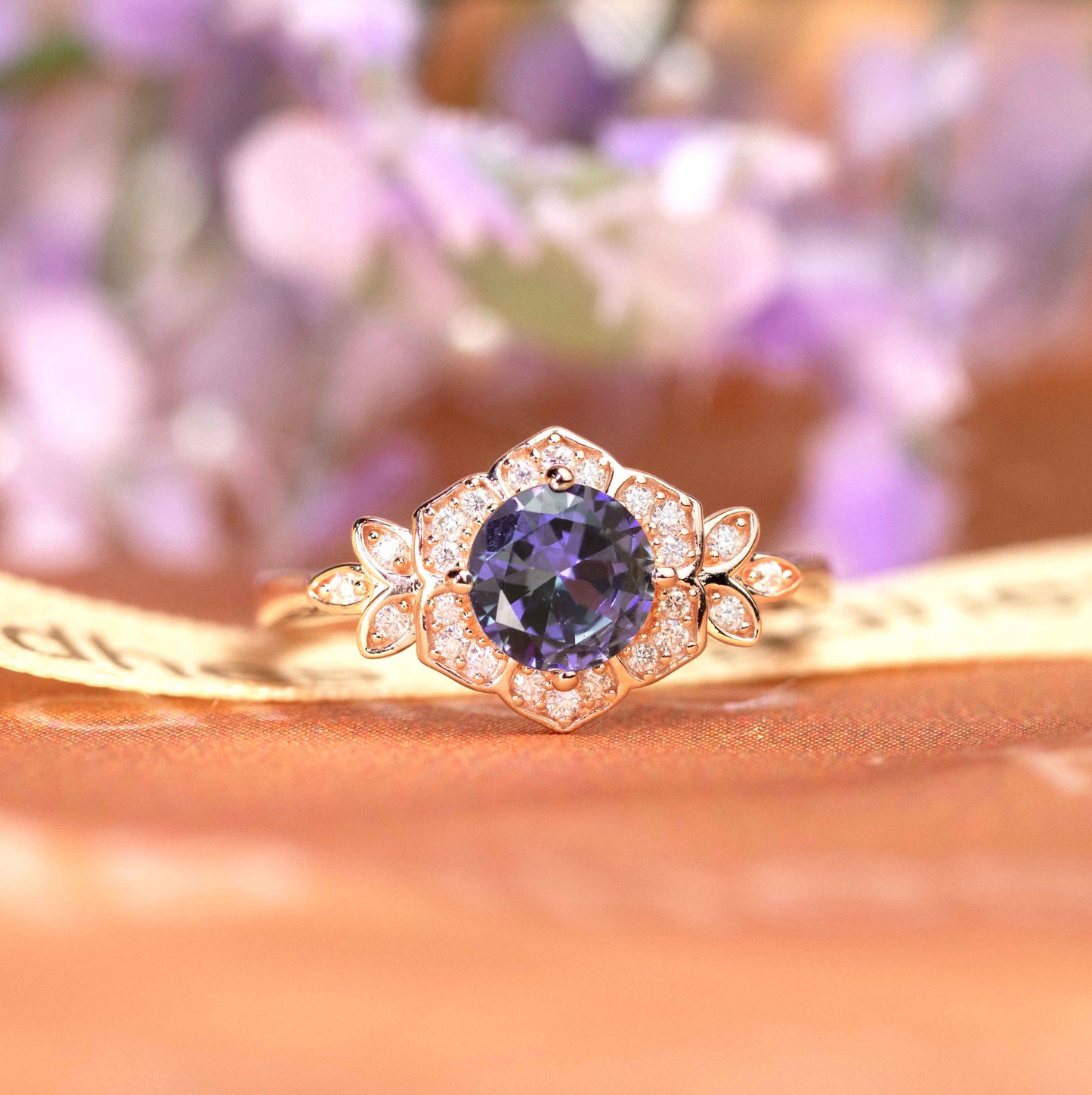 Popular Design 1.25 carat Round Cut Alexandrite Diamond Flower Halo Bridal Ring in Rose Gold