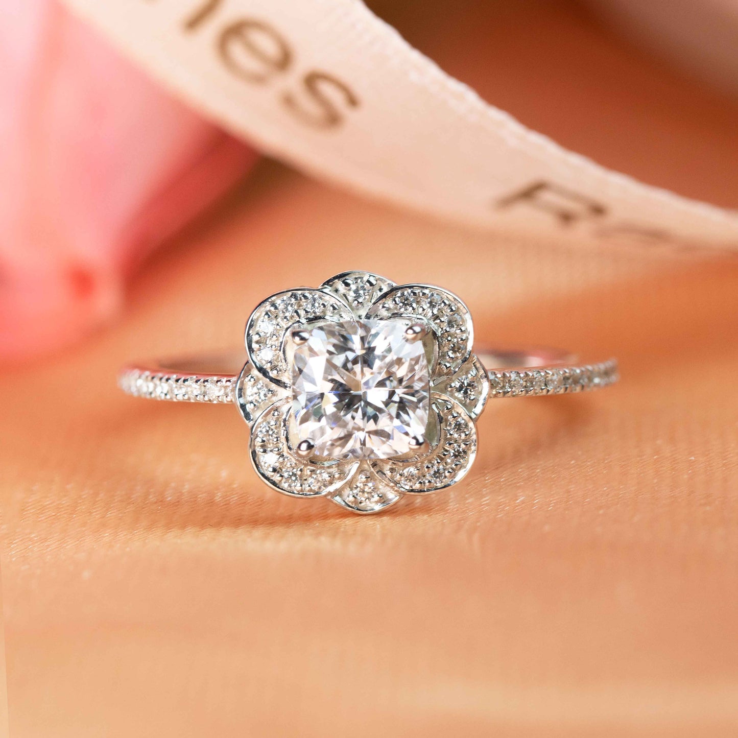 Vintage 1.40 carat Cushion Cut Antique Halo Moissanite Engagement Ring in Gold