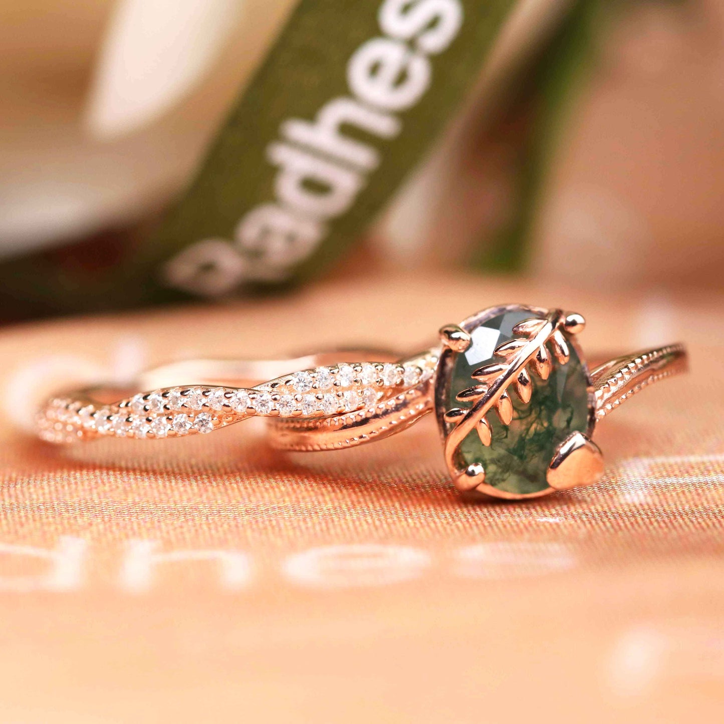 Modern 1.50 carat Oval Cut Moss Green Agate and Diamond Vine Wrapped Ring Set with Matching Infinity Wedding Band in Rose Gold
