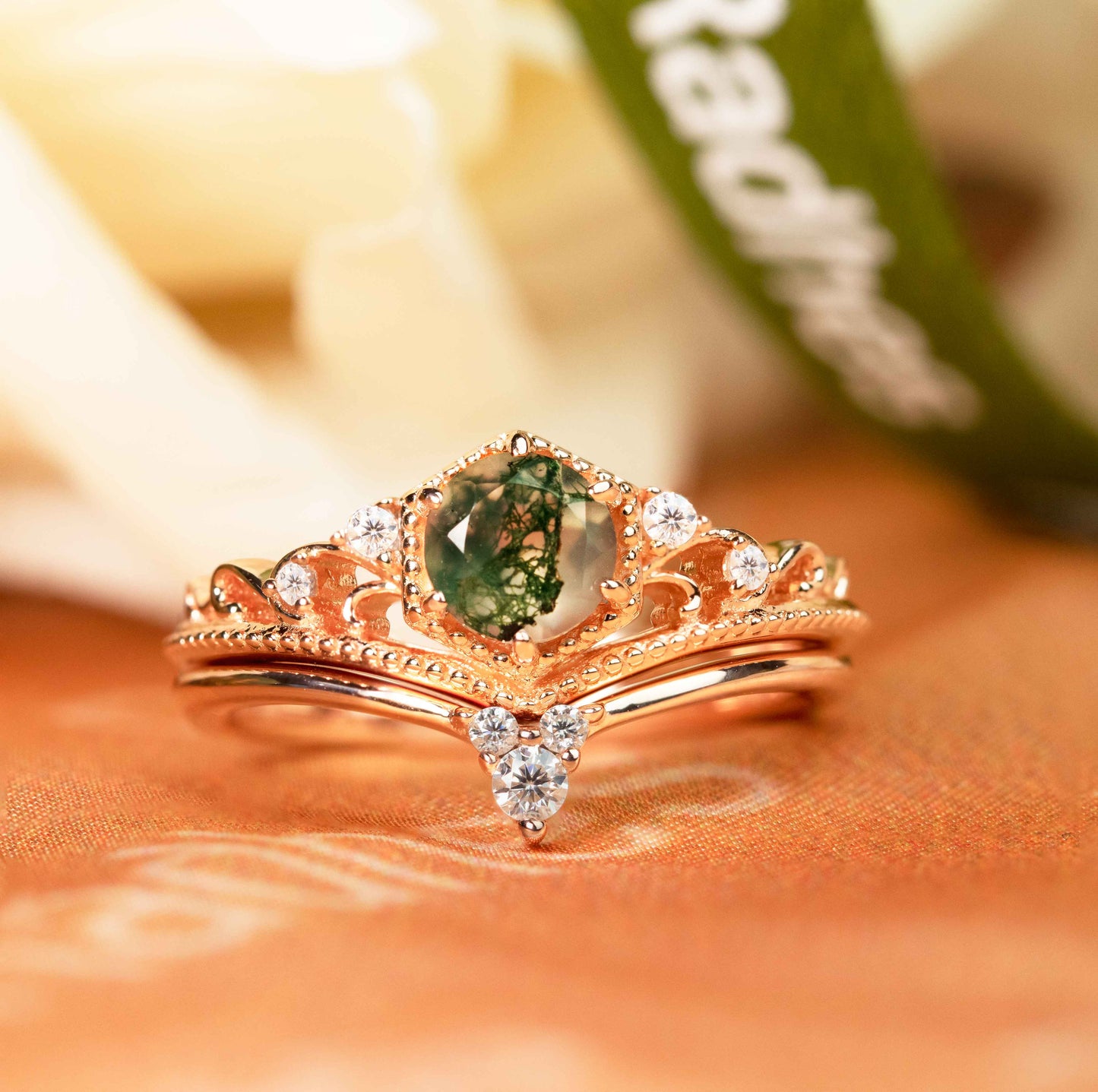 Filigree Chevron Tiara 0.6 carat Round Cut Moss Green Agate and Diamond Wedding Ring Set in Rose Gold
