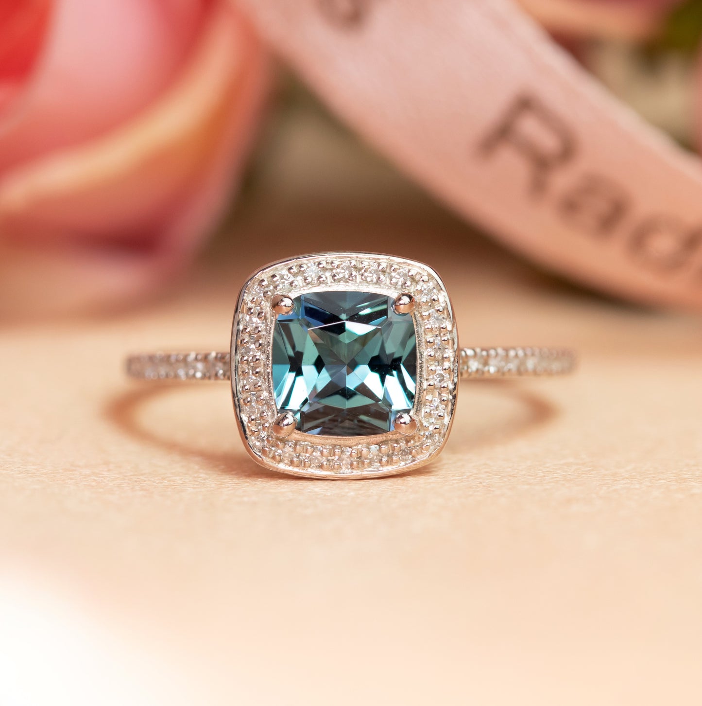 Classy 1.5 carat Cushion Shaped Alexandrite and Diamond Pave Channel Halo Anniversary Ring in White Gold