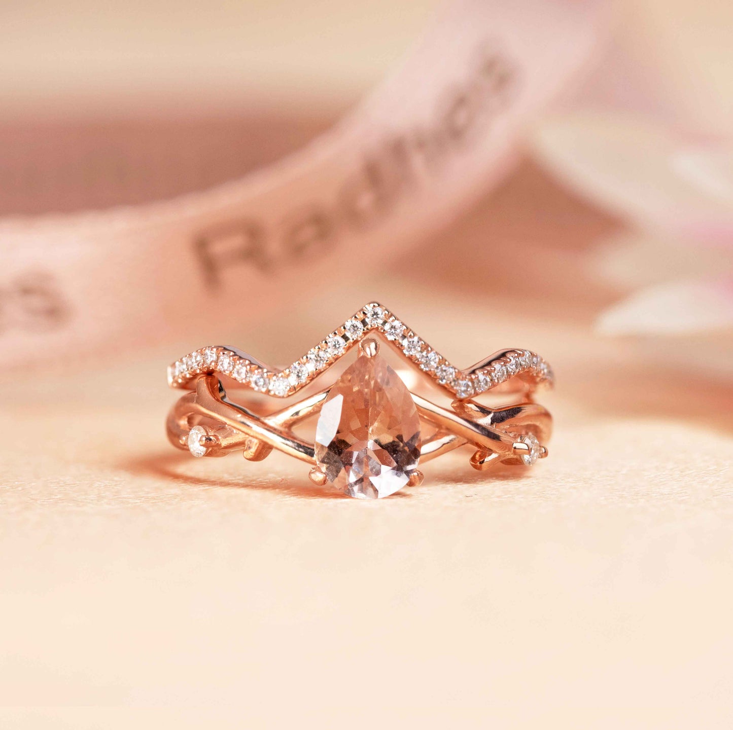 Solitaire 1.25 carat Pear Shaped Peach Pink Morganite Twig Wedding Ring Set in Rose Gold