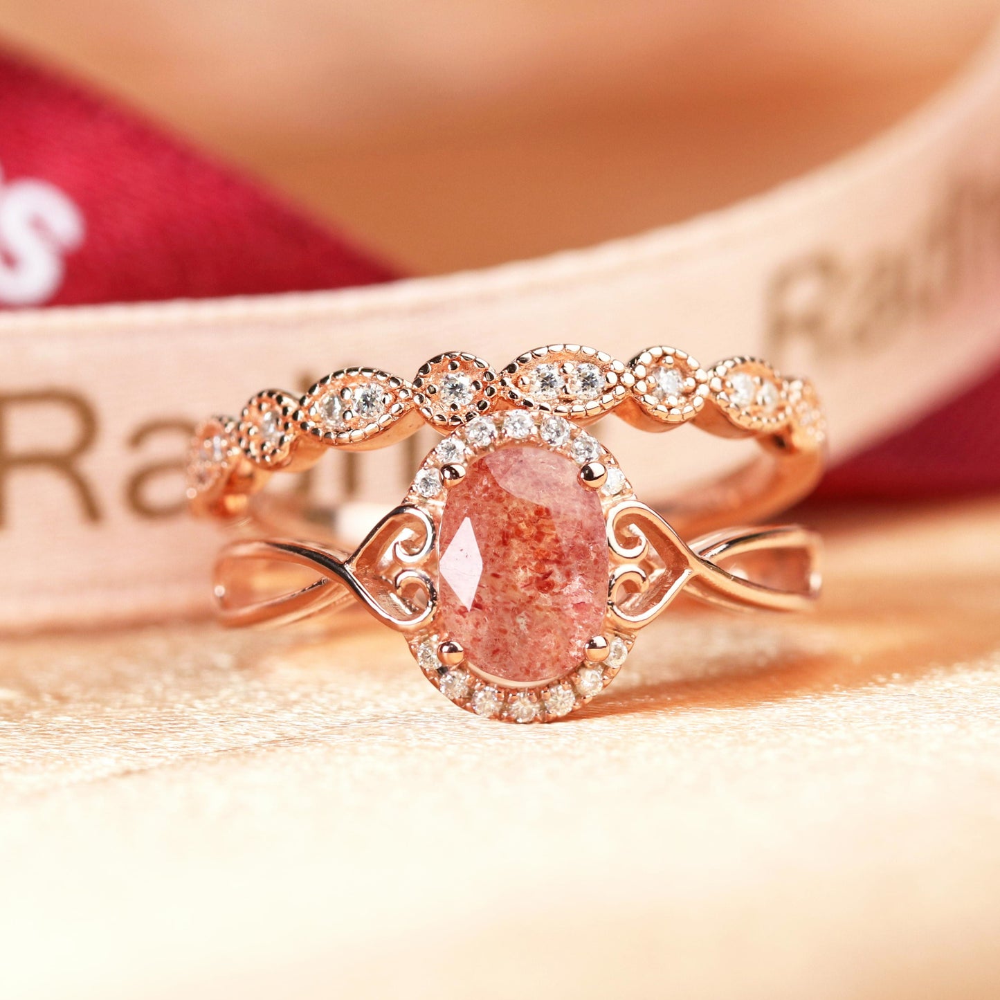 1.5 carat Oval Cut Strawberry Quartz and Diamond Twisted Heart Shank Semi-halo Bridal Ring Set for Women with Matching Milgrain Wedding Band in Rose Gold