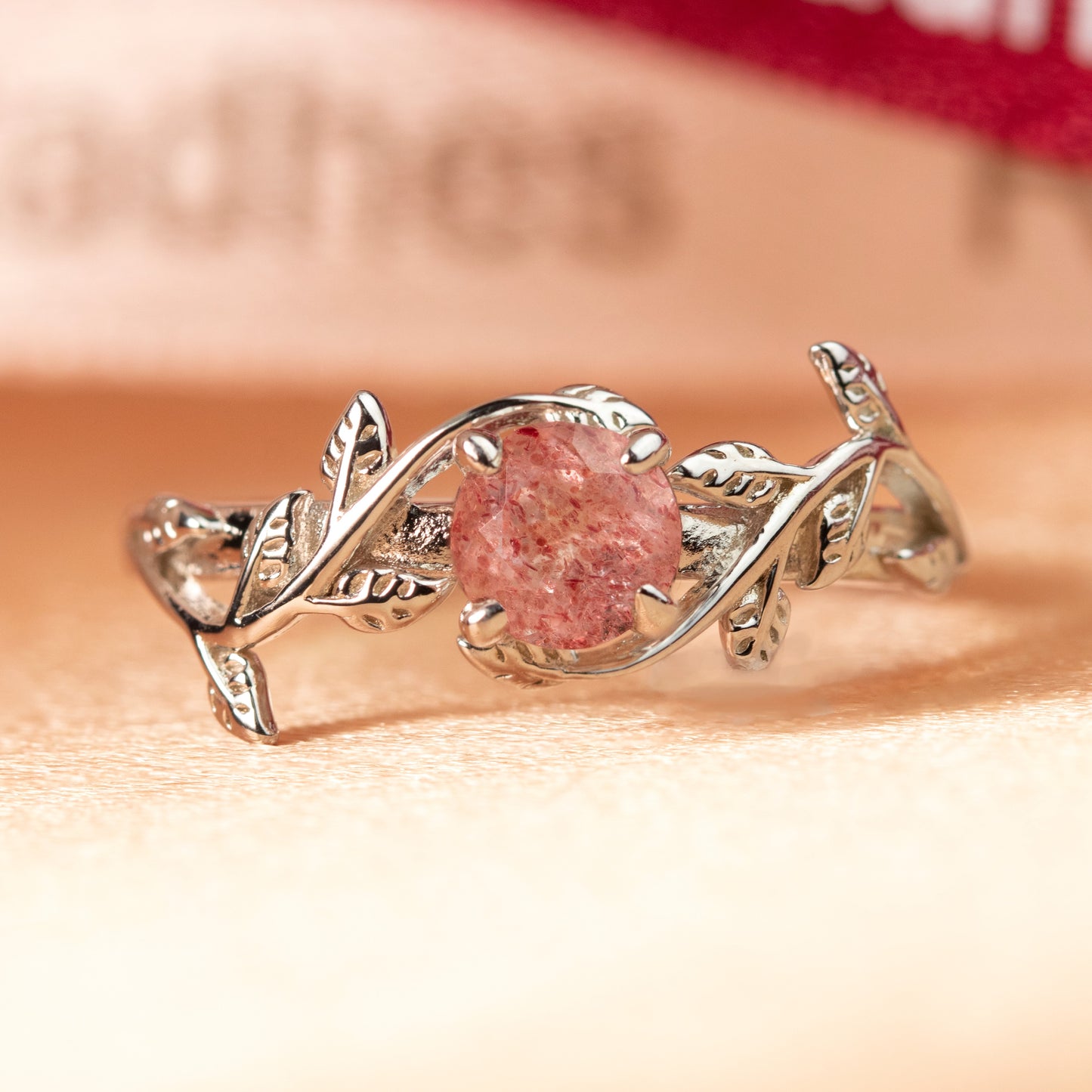 Dainty Vine 1 carat Round Cut Red Strawberry Quartz Solitaire Ring in White Gold