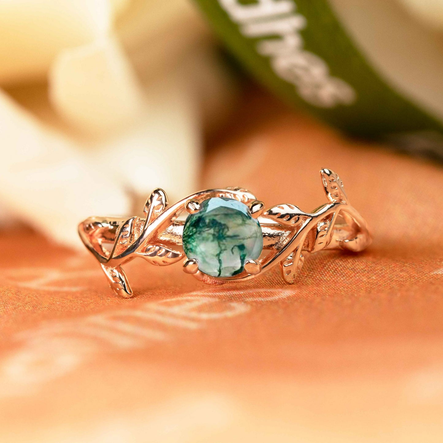 Dainty Vine 1 carat Round Cut Moss Green Agate Solitaire Ring for Women in Rose Gold