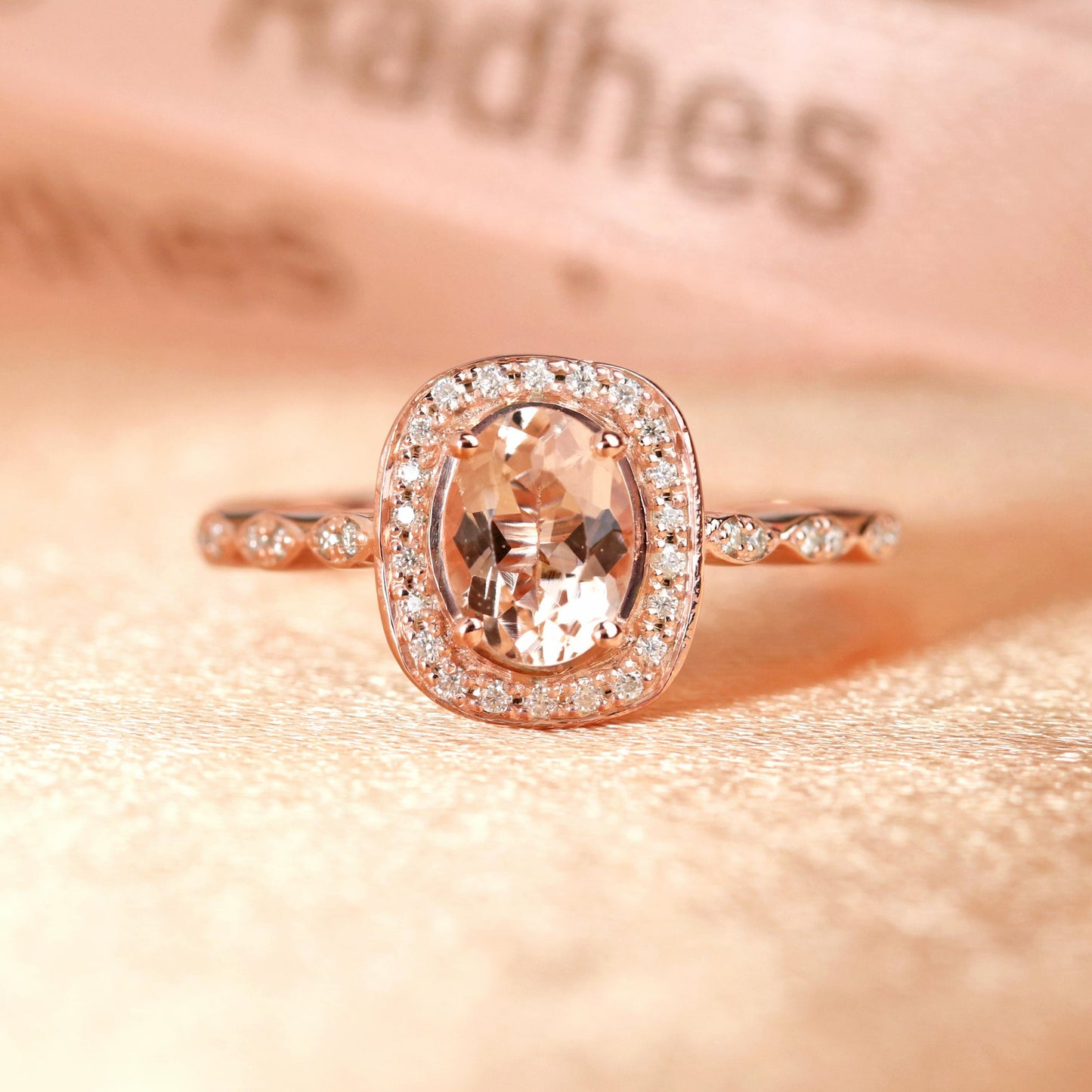 Bestselling 1.5 carat oval cut peach pink Morganite Halo Engagement Ring in Rose Gold