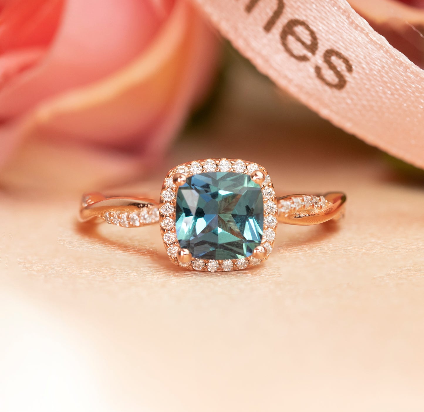 Twisted 1.25 carat Cushion Cut Alexandrite and Diamond Pave Halo Wedding Ring in Rose Gold