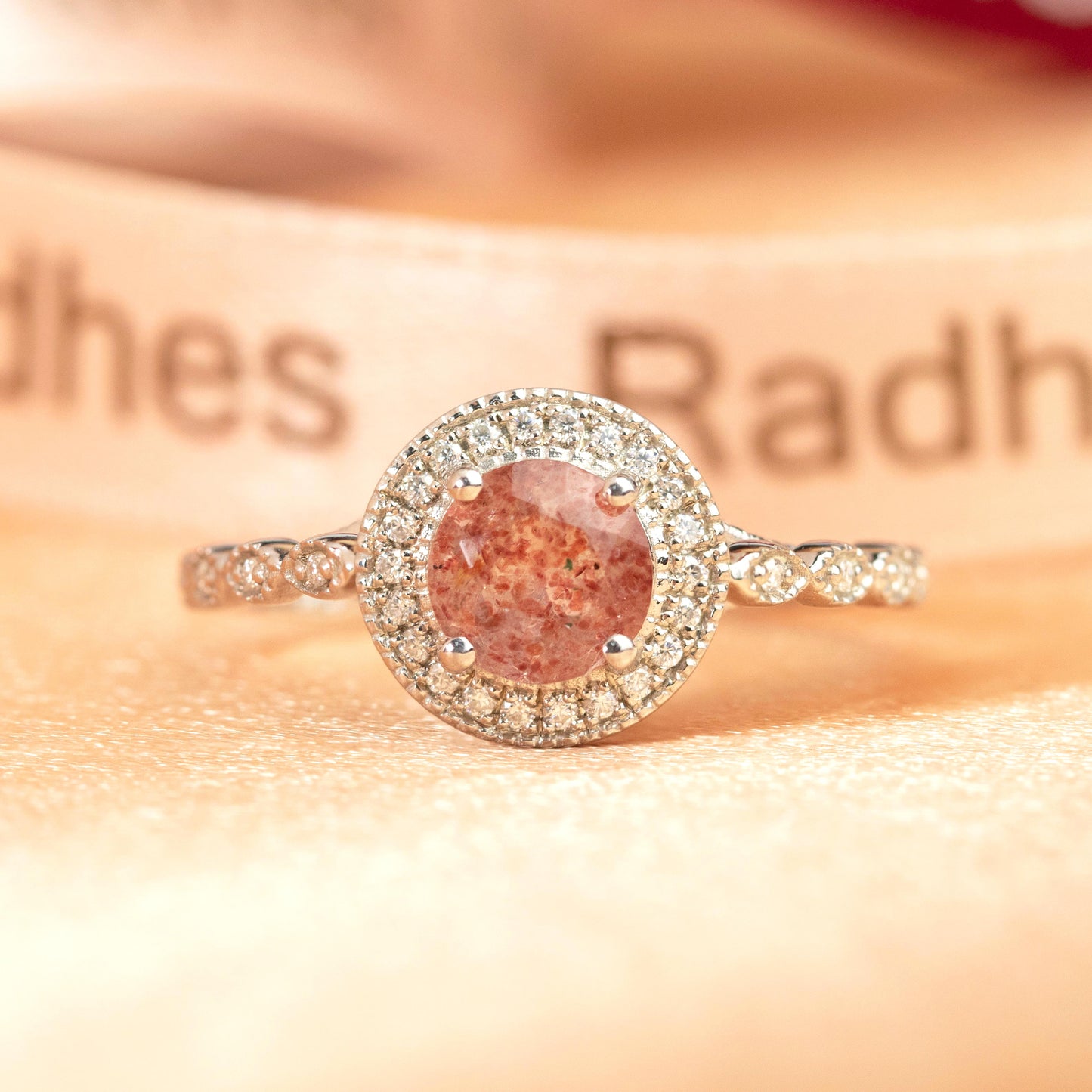 Halo 1.25 carat Round Shaped Strawberry Quartz Semi-mount Milgrain Ring for Women in White Gold