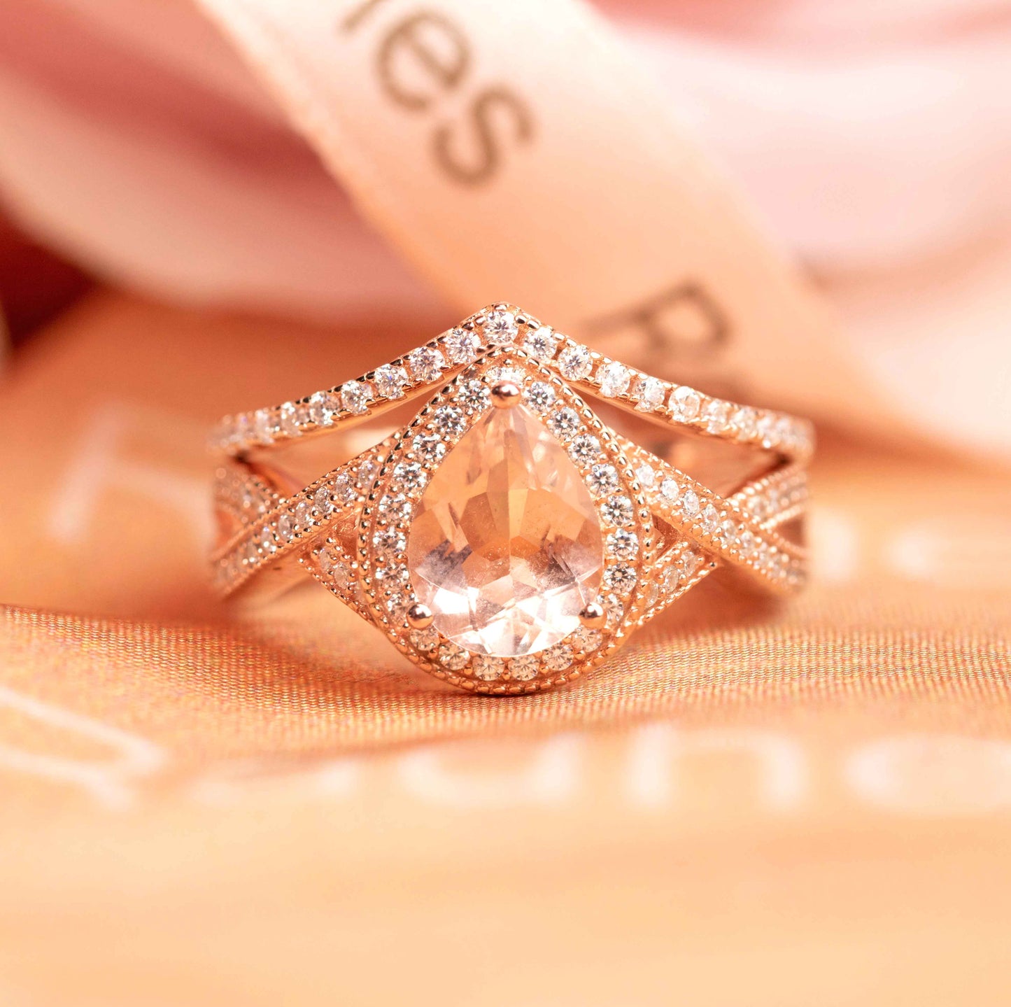 Huge 1.75 carat Natural Peach Morganite Halo Pear Shape Teardrop Chevron Art Deco Ring Set with Diamond in Rose Gold