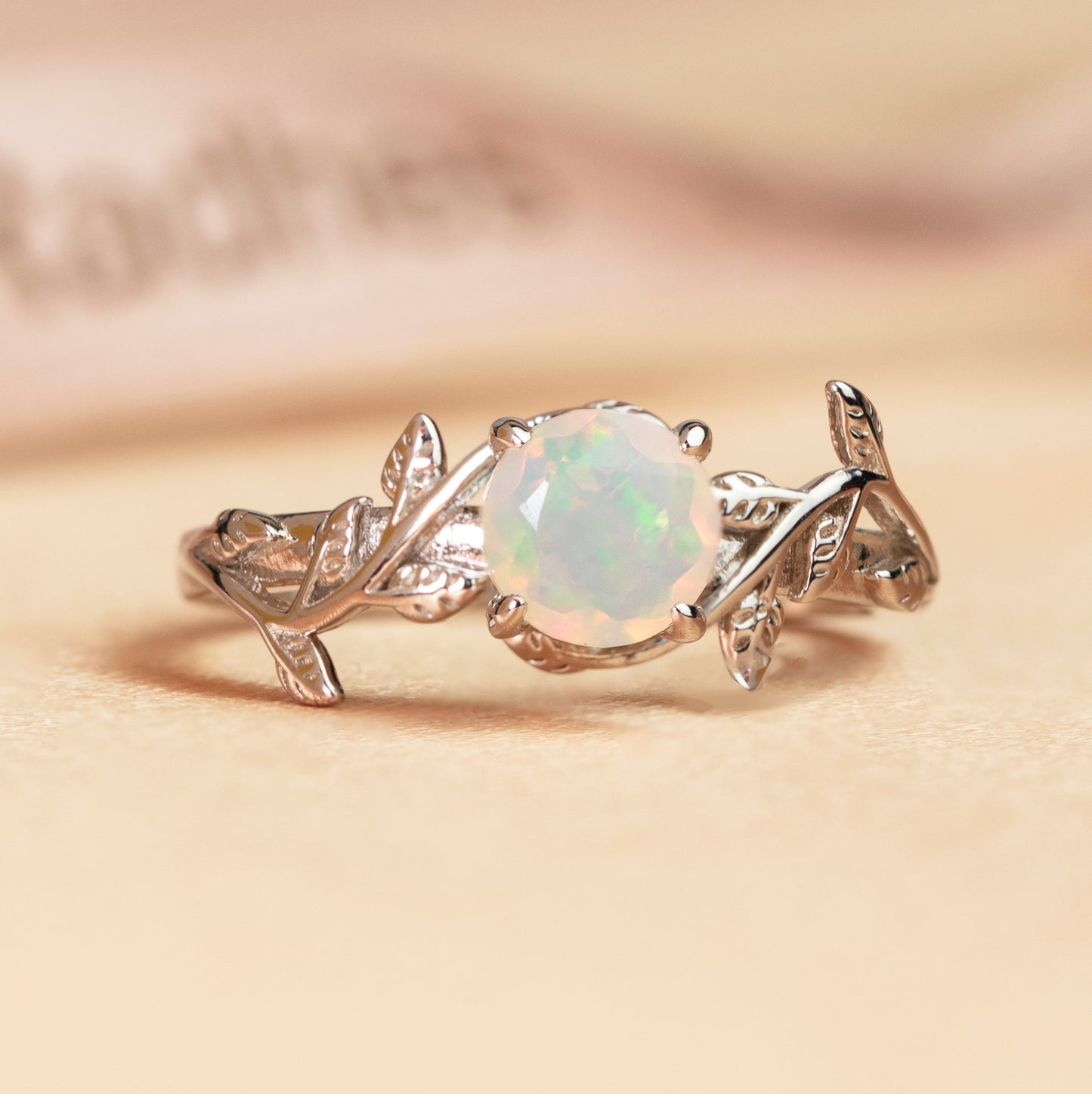 Dainty 1 Carat Round Cut Opal Leaf Wedding Engagement Ring in White Gold