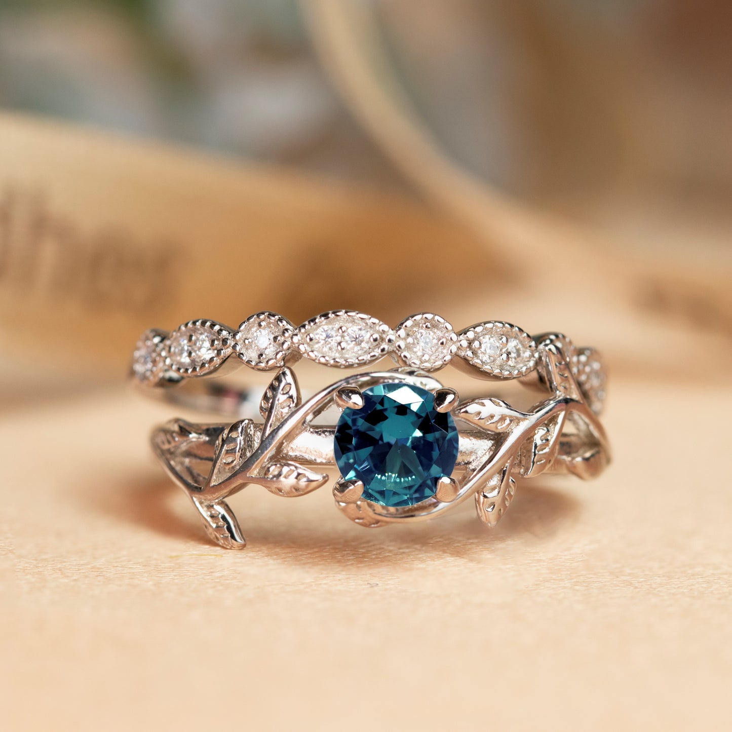 1.25 carat Alexandrite Milgrain Vine Engagement Ring Set with Diamond in White Gold