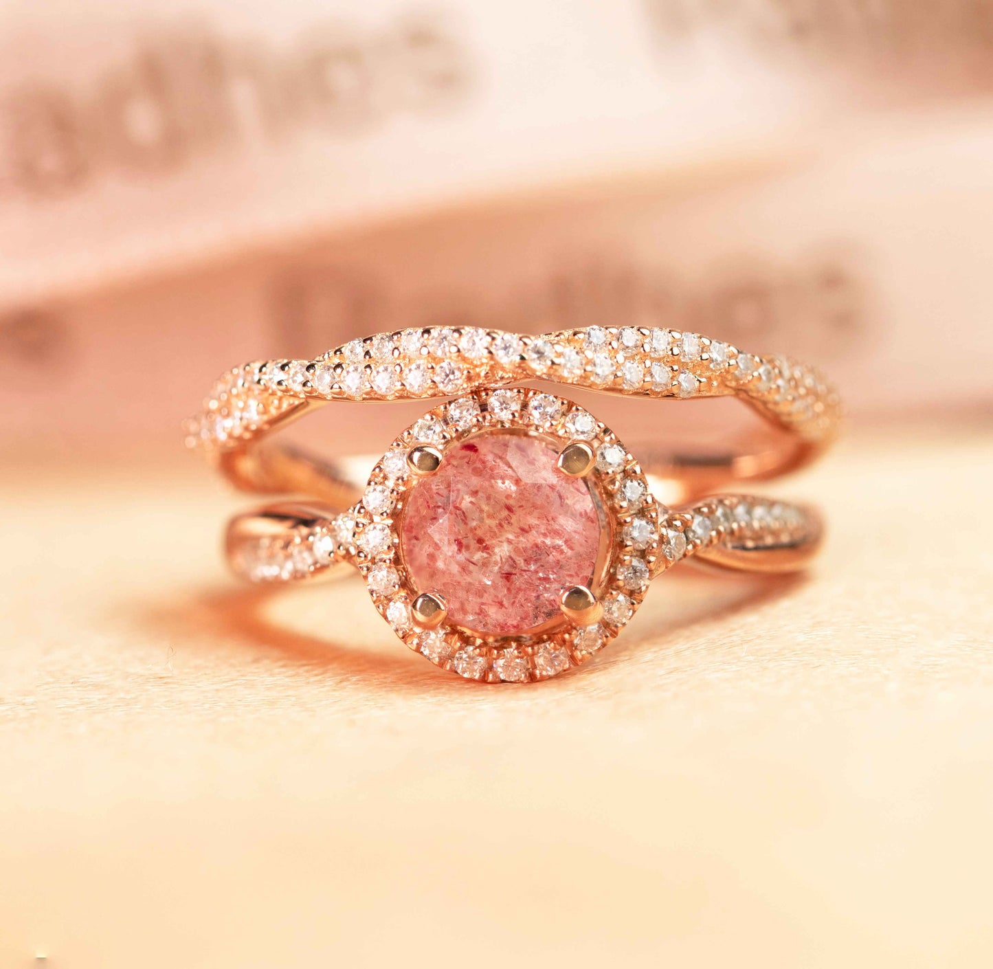 Classic Halo 1.75 carat Round Cut Strawberry Quartz Pave Diamond Twist Shank Wedding Ring Set for Women in Rose Gold