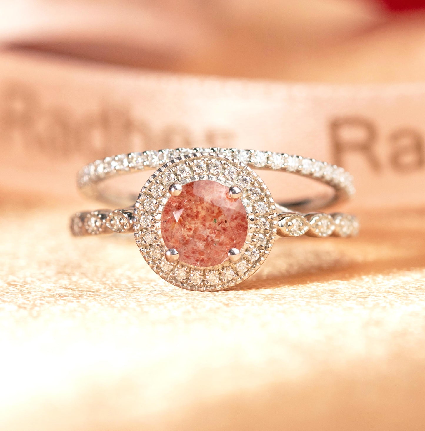 Milgrain Halo 1.5 carat Round Cut Strawberry Quartz and Diamond Wedding Ring Set for Women with Matching Semi-eternity Wedding Band in White Gold