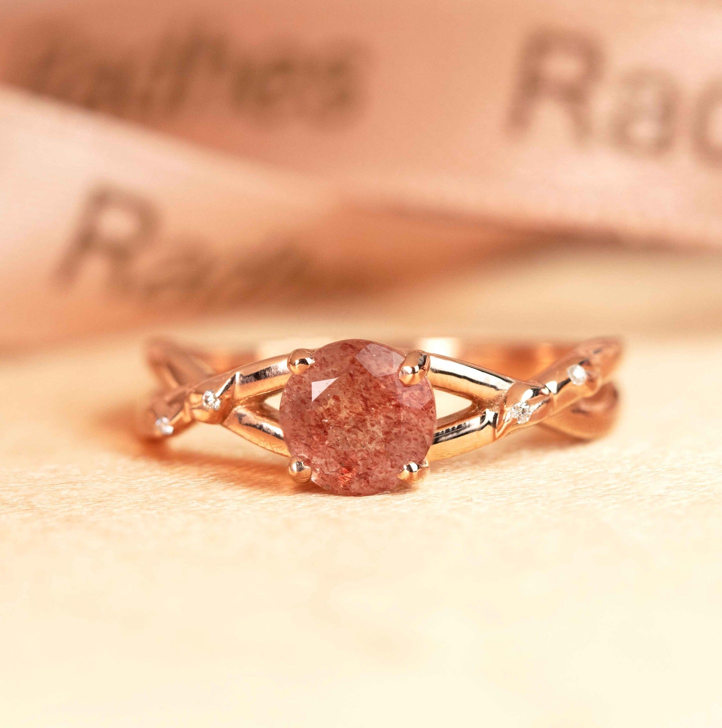 Dainty 1 carat Round Cut Strawberry Quartz and Diamond Twisted Shank Solitaire Engagement Ring for Women in Rose Gold