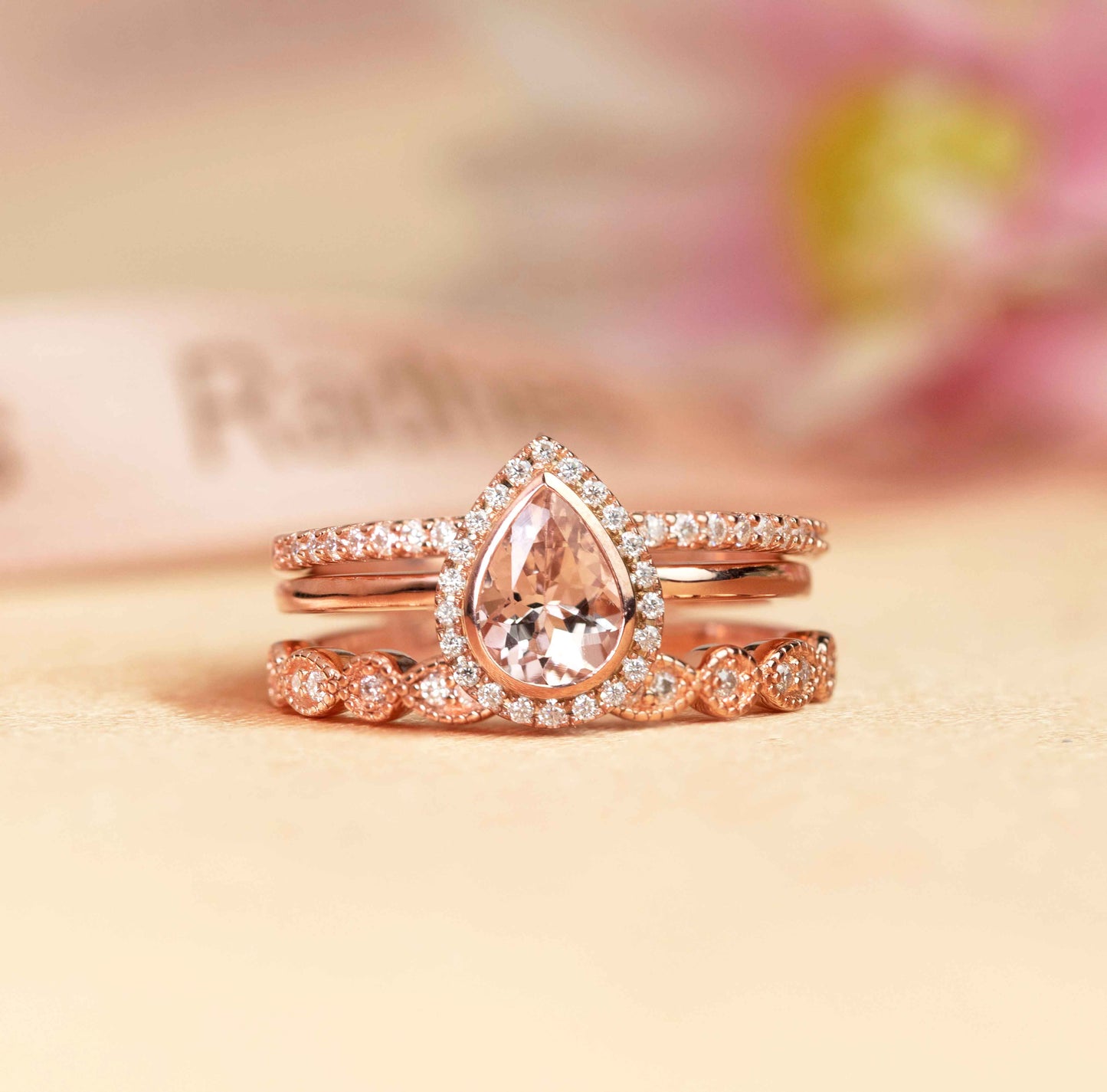 Antique Vintage 1.65 carat Pear Cut Morganite and Diamond Halo Trio Set for Women in Gold