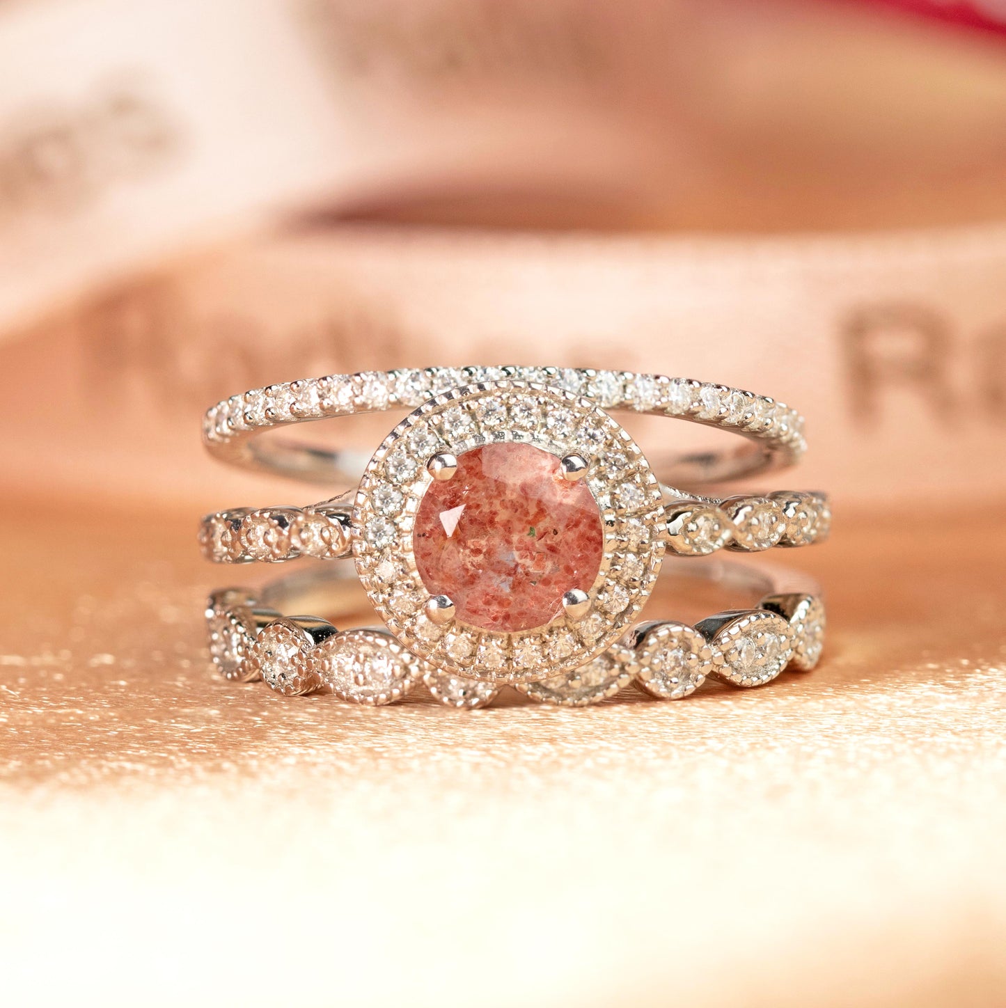 2 carat Round Shaped Strawberry Quartz and Diamond Halo Milgrain 3 Piece Wedding Rings Set in White Gold