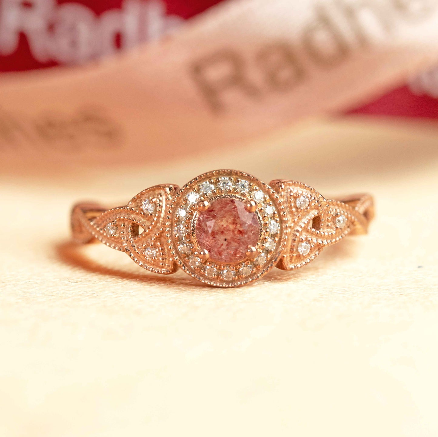 Milgrain Halo 1.25 carat Round Cut Strawberry Quartz and Diamond Trinity Twisted Shank Wedding Ring in Rose Gold