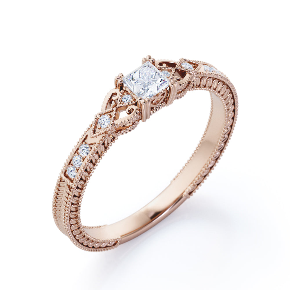 Intricate 1.1 carat Princess cut Moissanite and diamond Edwardian art deco engagement ring in Rose gold