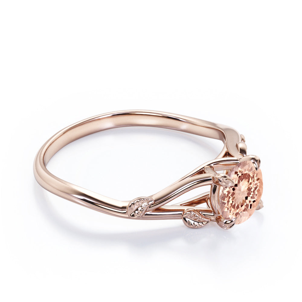 Vine and Leaf Shank 1 carat Round cut Morganite vintage earthy engagement ring in Rose gold