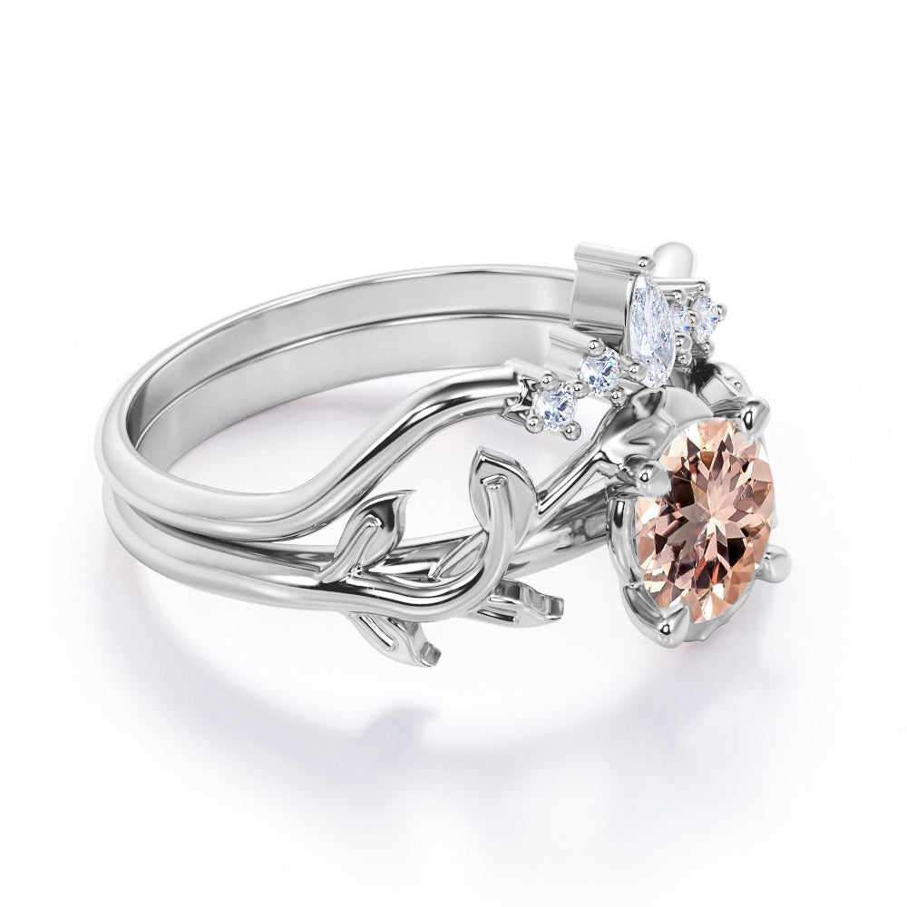 Chevron Tiara 1.1 carat Round cut Peach Morganite and diamond nature inspired wedding ring set for women in White gold
