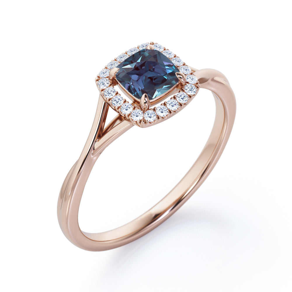 Eccentric Split Shank 1.25 carat Cushion Cut Lab made Alexandrite and diamond vintage inspired engagement ring in Rose gold