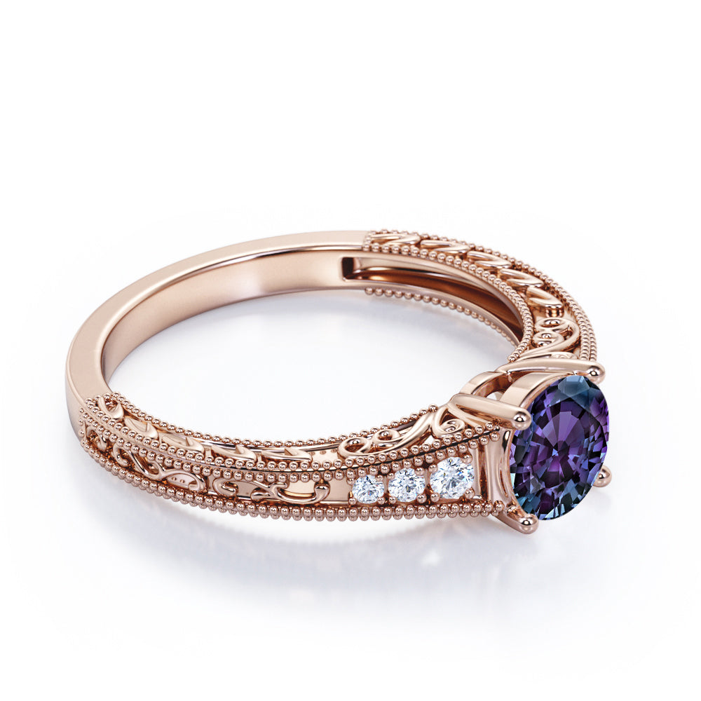 Antique art nouveau 1.1 carat Round cut Synthetic Alexandrite and diamond engagement ring in Rose gold