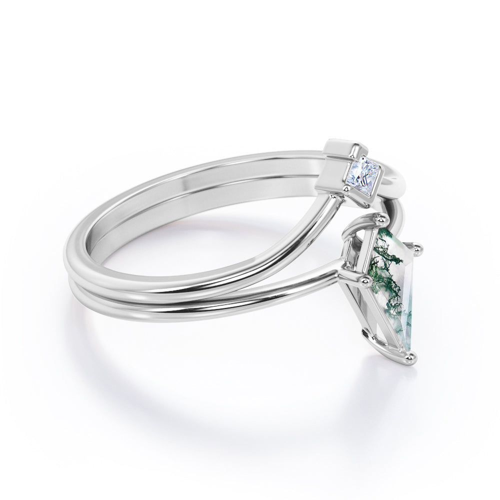 Classic 2 stone 1 carat Kite shaped Moss Green Agate and diamond contoured wedding ring set in White gold