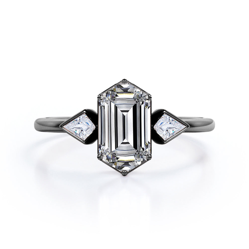 Asymmetric three stone 1.2 carat Hexagon cut Moissanite and Kite diamonds engagement ring in Black gold