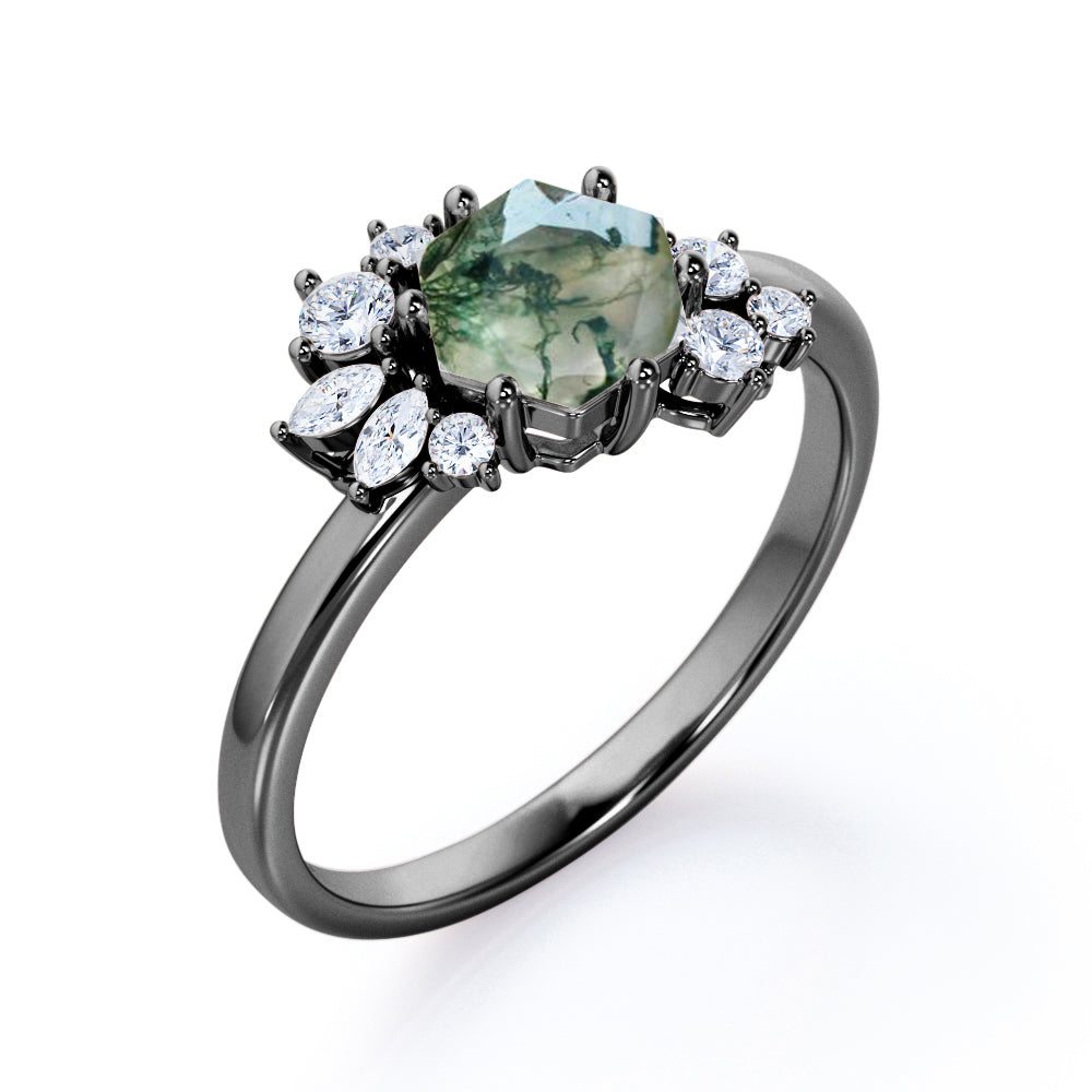Aesthetic 0.65 carat Hexagon shaped Moss Green Agate and diamond art deco inspired engagement ring in Black gold