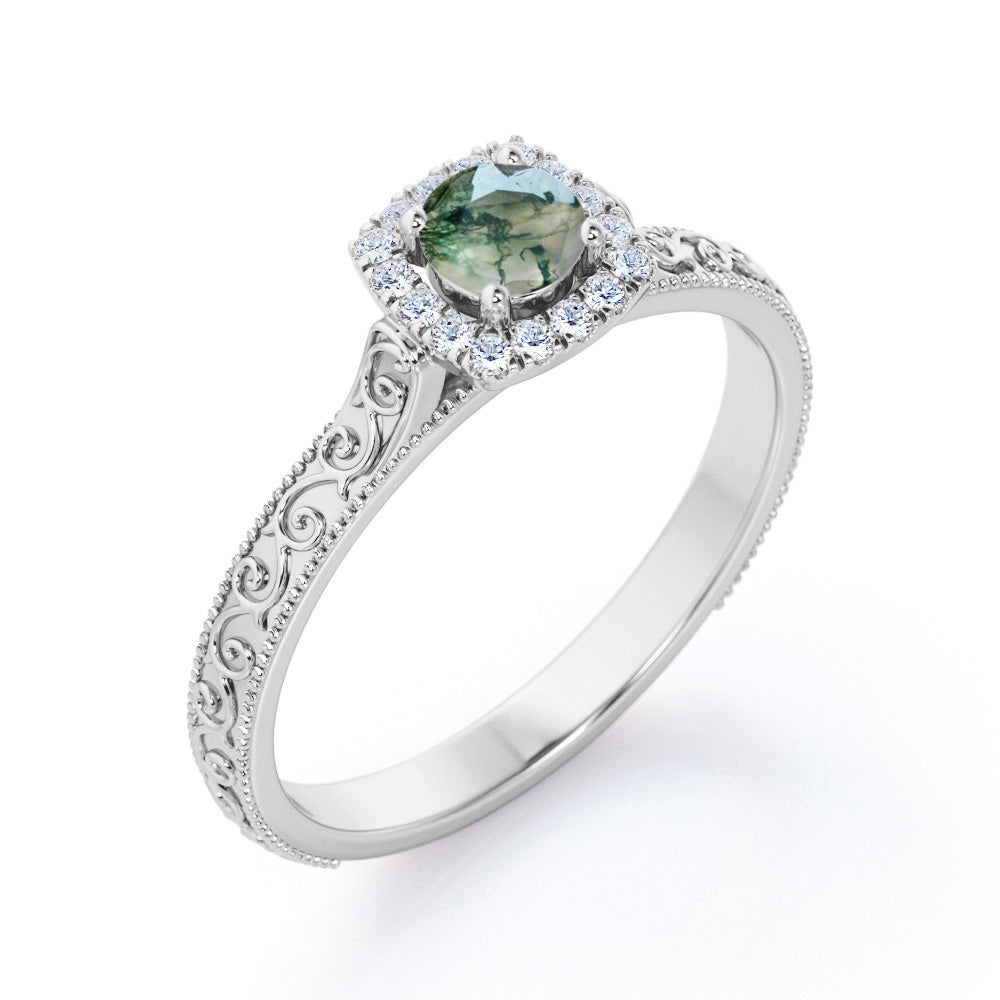 Vintage Victorian style 0.7 carat Round cut Moss green Agate and diamond milgrain halo engagement ring in White gold