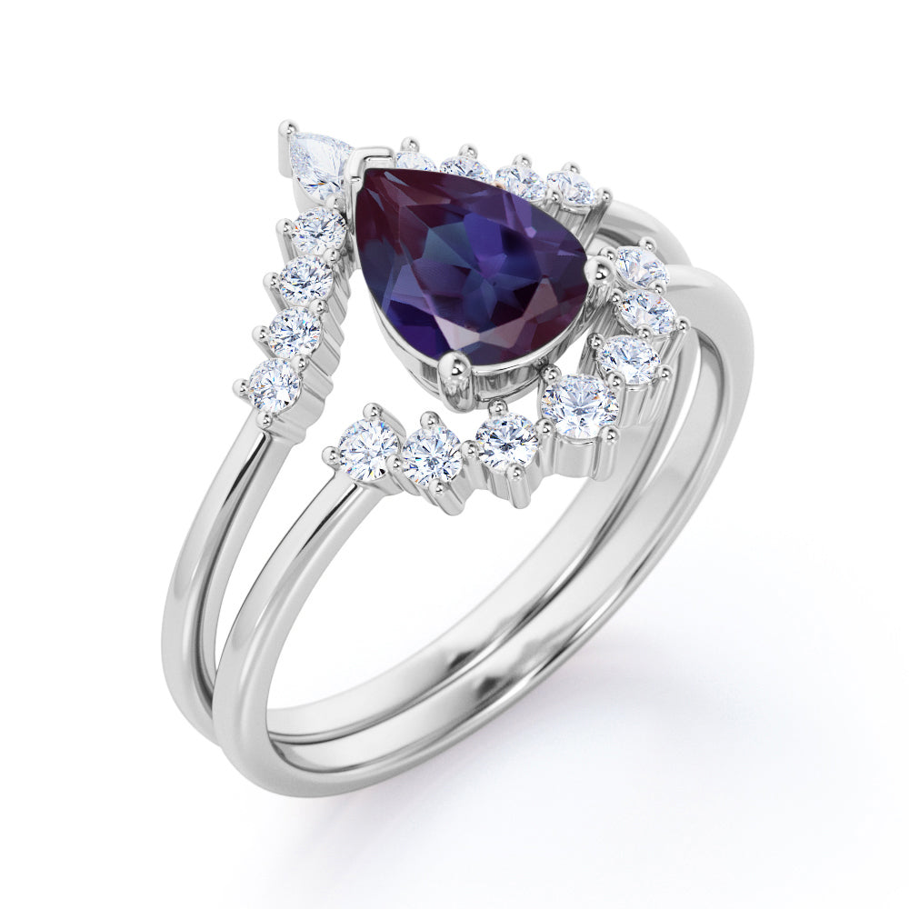 Elegant Vintage inspired 1.25 carat Pear shaped Lab made Alexandrite and diamond bridal set for women in Black gold