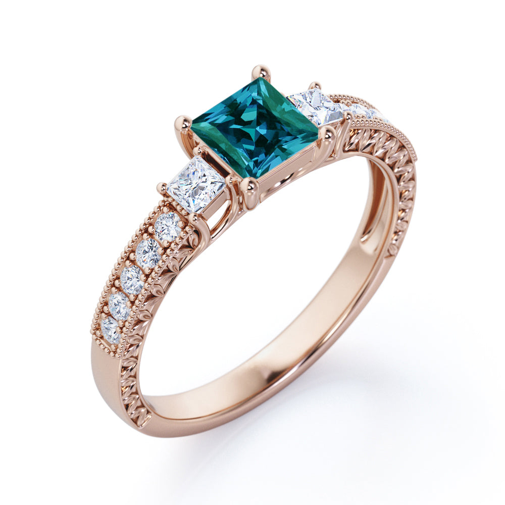Milgrain Trilogy 1.25 carat Princess cut Alexandrite and diamond antique art deco engagement ring in Rose gold